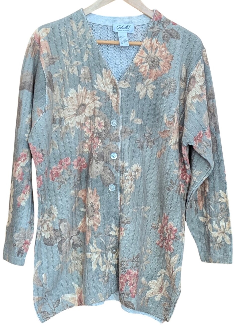Gabriella T Italian Wool Floral Button Cardigan Ribbed Cottagecore 1X Casual